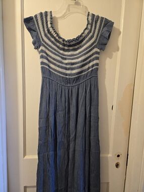 Blue Maxi Dress with White Lace Yoke